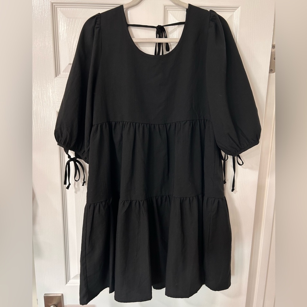 By Talia Poplin Black Mini Dress with Tie Back and sleeves